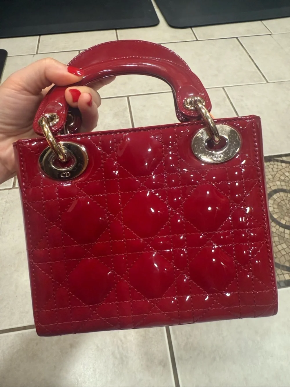 Dior Red Patent Mini Lady Dior Top-Handle Bag - Picture 7 of 13